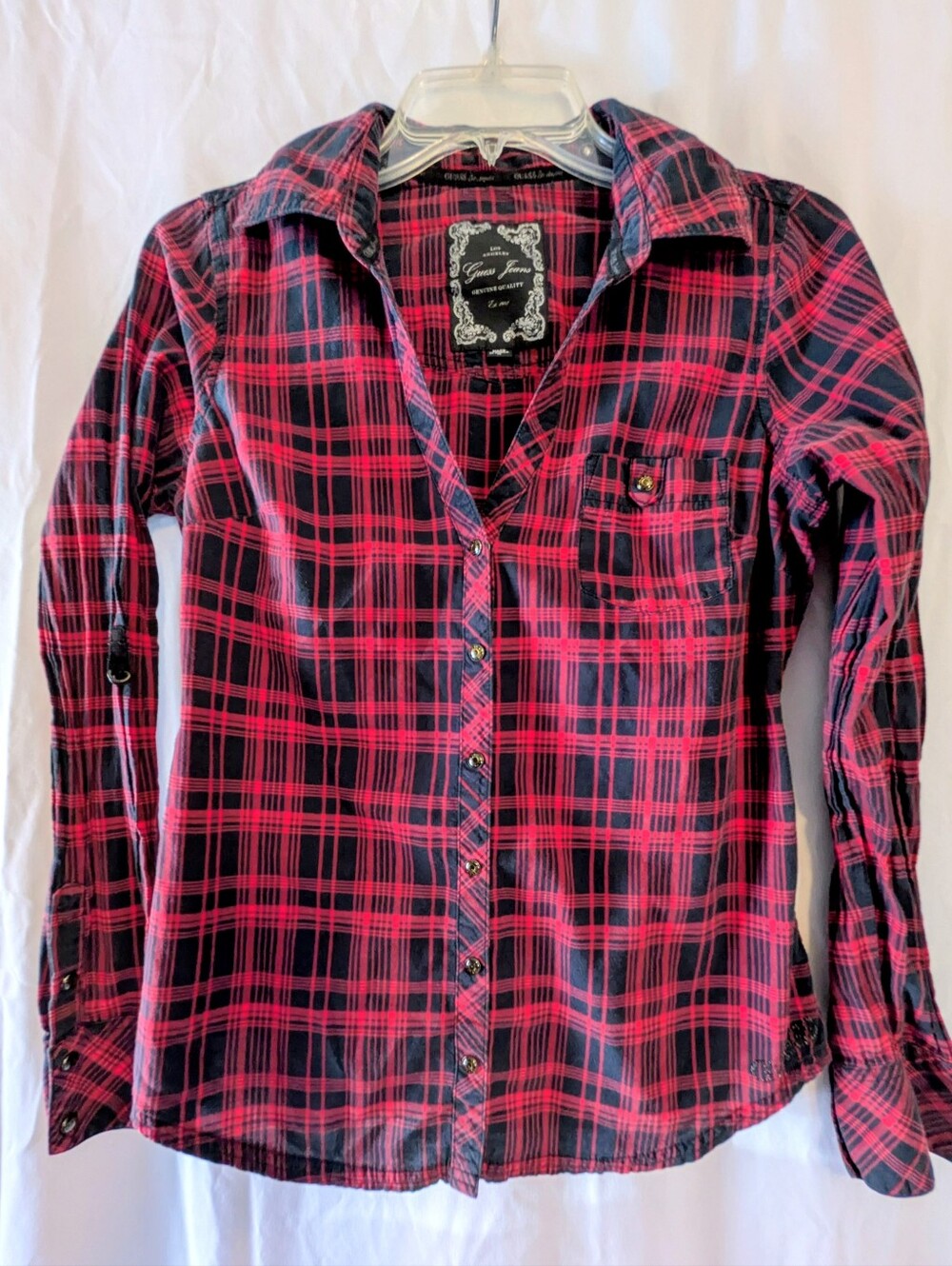 Guess Red and Black Fitted Plaid Grunge Snap Up Shirt Sz. M